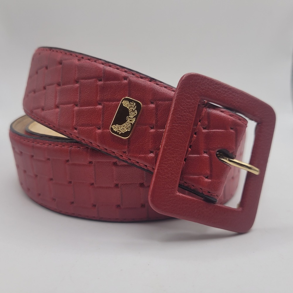 Red Leather Belt XL Basketweave Embossed Wide Statement Covered Buckle Textured